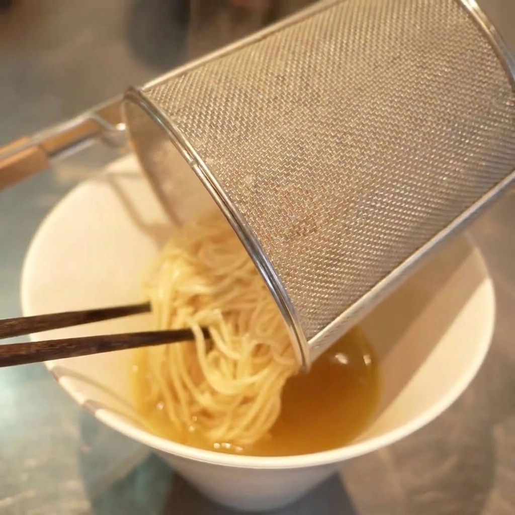 Nudeln werden aus einem Ramen-Sieb in eine weiße Schüssel mit heißer, klarer Brühe gleiten gelassen.