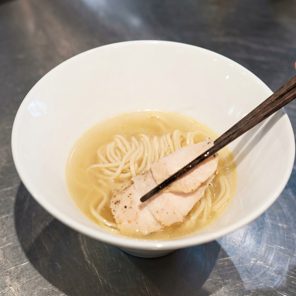 Stäbchen legen eine Scheibe Hähnchenbrust auf das ordentlich angerichtete Nudelbett in der Ramen-Schüssel.