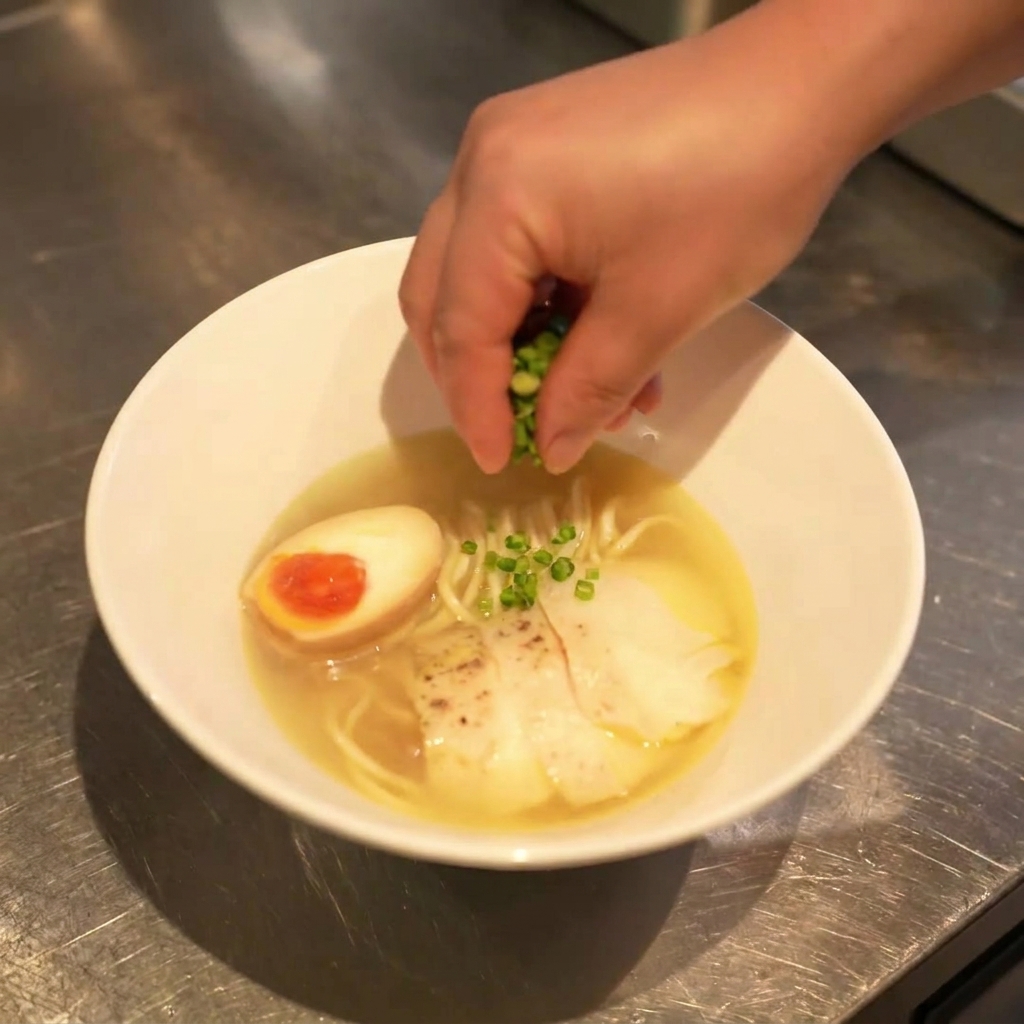 Nahaufnahme einer Hand, die fein geschnittene Frühlingszwiebeln über eine Ramen-Schüssel mit Nudeln, Huhn und Ei streut.