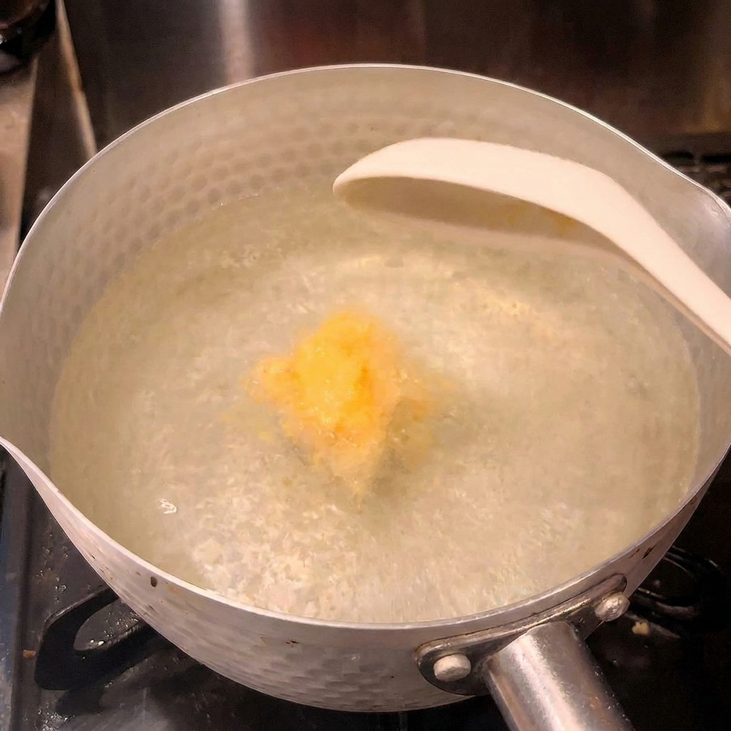 Ein Löffel Hühnerbrühepulver wird in einen Topf mit kochendem Wasser gegeben, um eine klare Ramen-Suppe zuzubereiten.