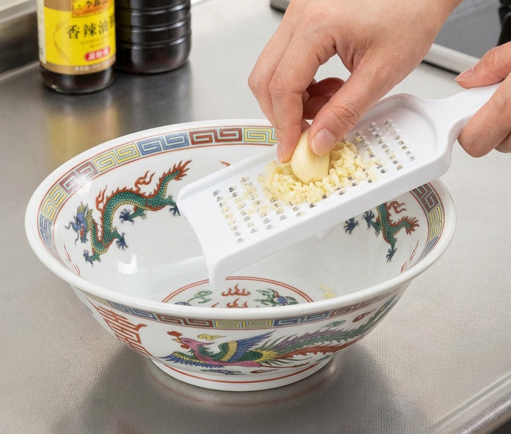 Eine Hand reibt eine Knoblauchzehe auf einer weißen Reibe direkt über einer Ramen-Schale aus Keramik mit Drachenmuster.