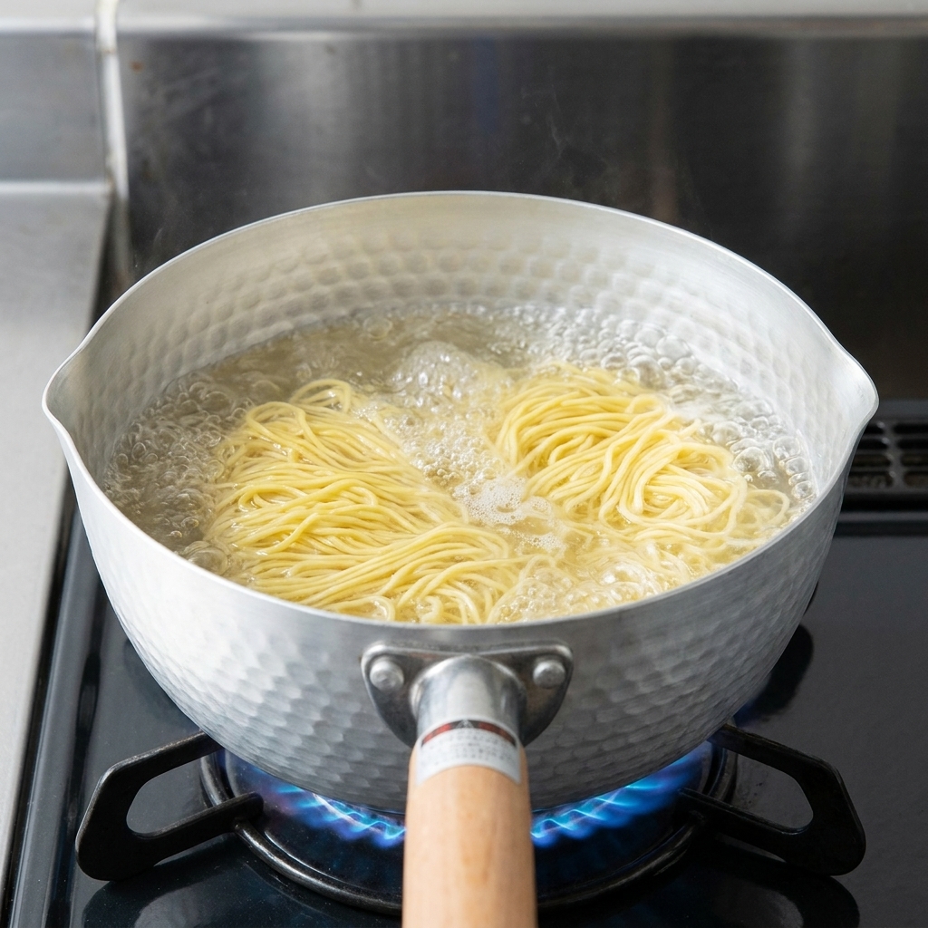 Ein Bündel dünner, gelber Ramen-Nudeln kocht in einem Topf mit sprudelndem Wasser.