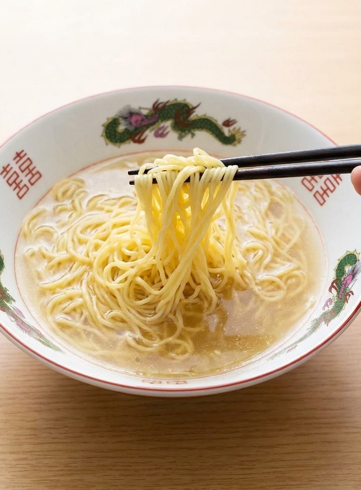 Eine Nahaufnahme von gekochten Ramen-Nudeln, die mit Stäbchen vorsichtig in einer Schale mit heißer, goldklarer Brühe angerichtet werden.
