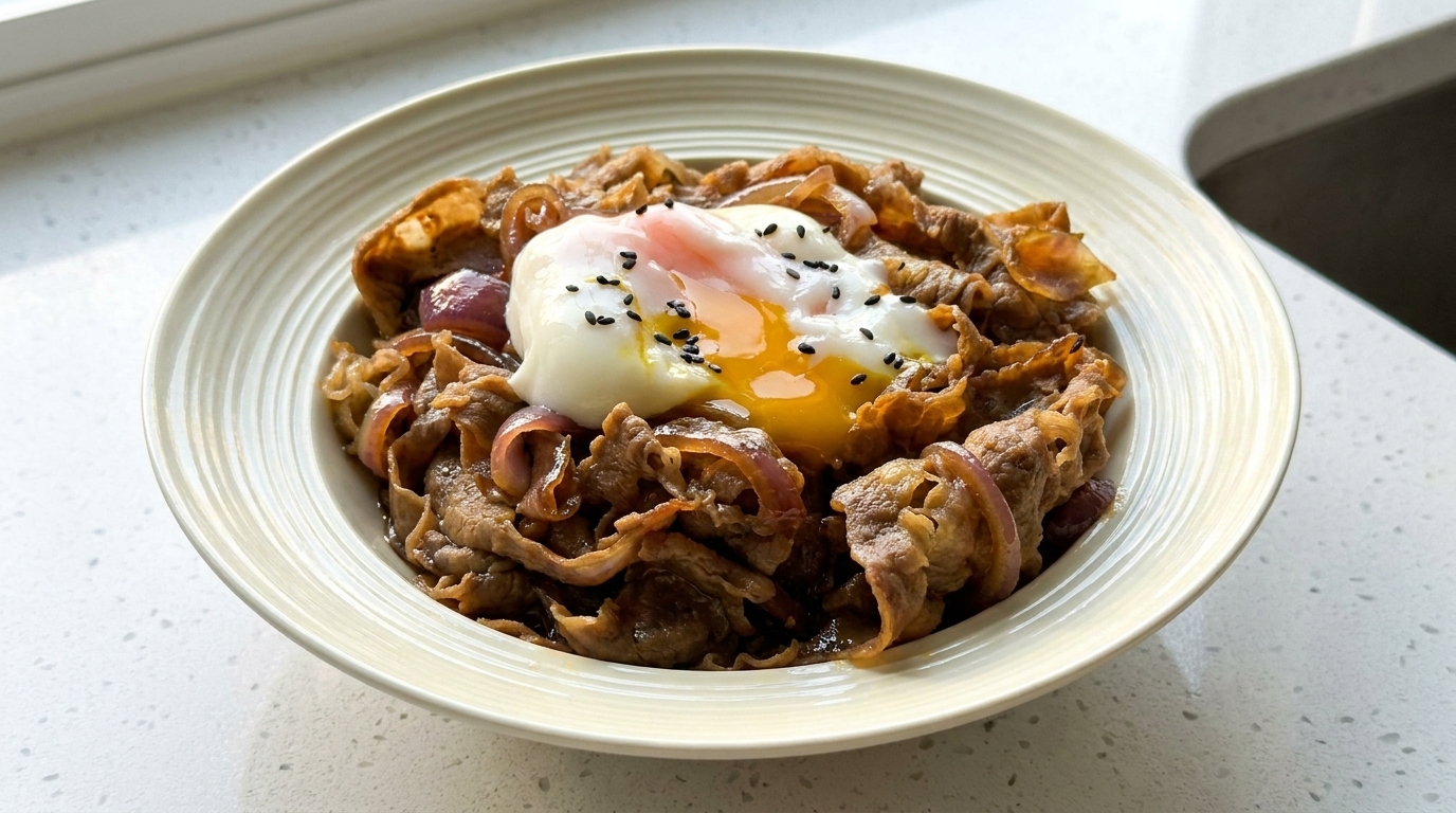 Japanische Beef Bowl (Gyudon) mit seidigem Onsen-Ei