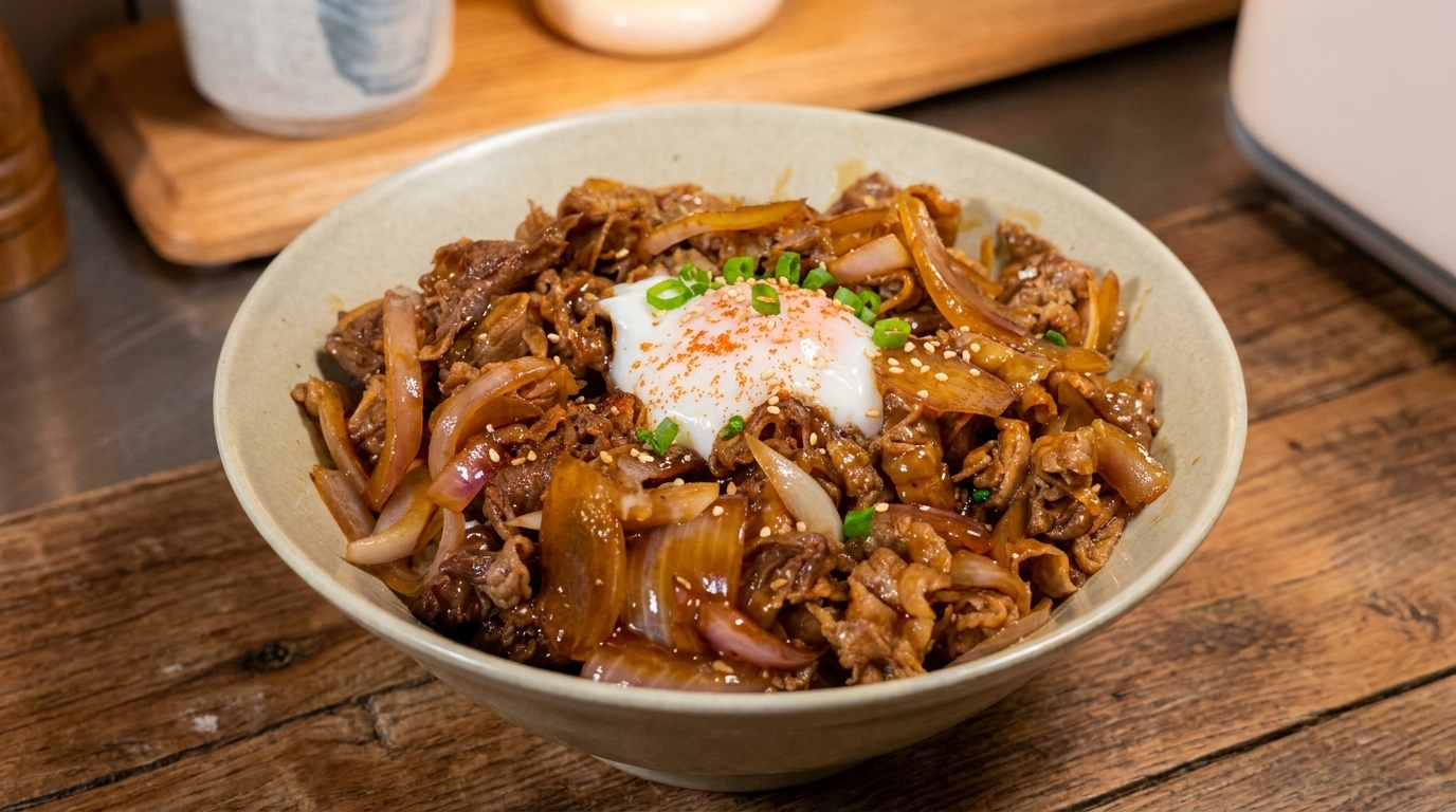 Japanisches Gyudon (Rindfleisch-Reis-Bowl) mit Onsen-Ei