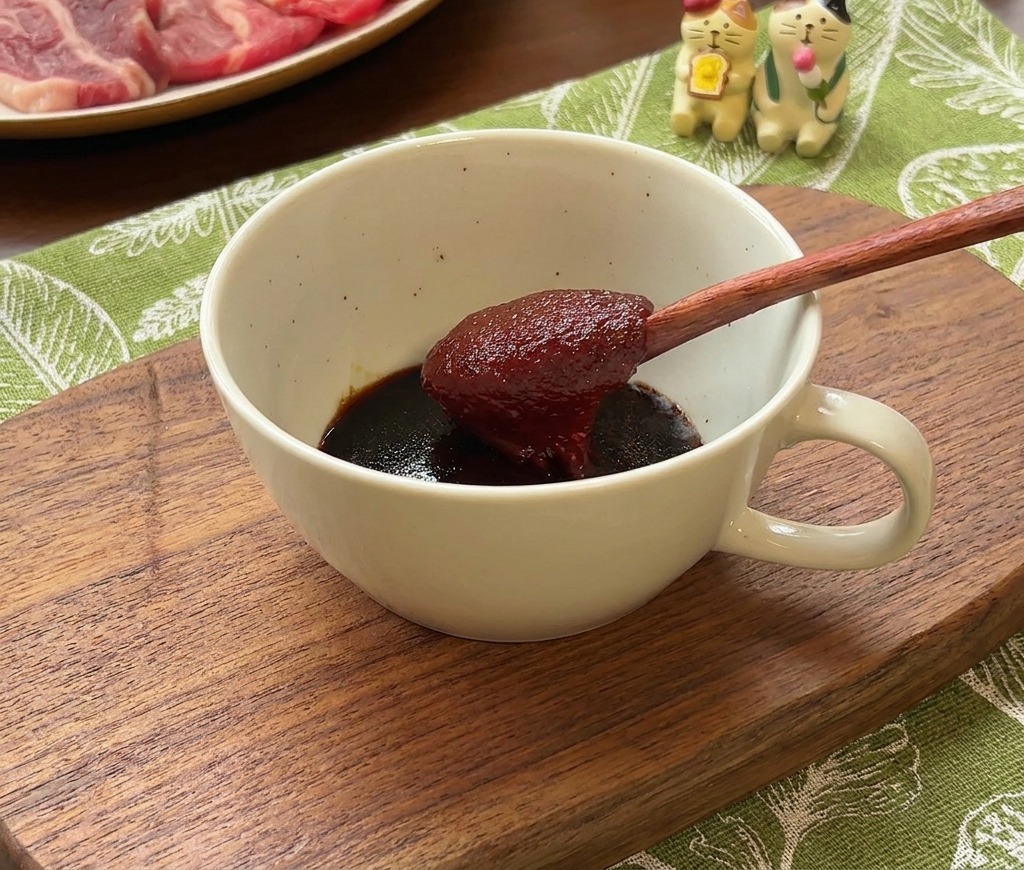 Ein Holzlöffel mit einem Klecks roter Gochujang-Paste über einer Schüssel.