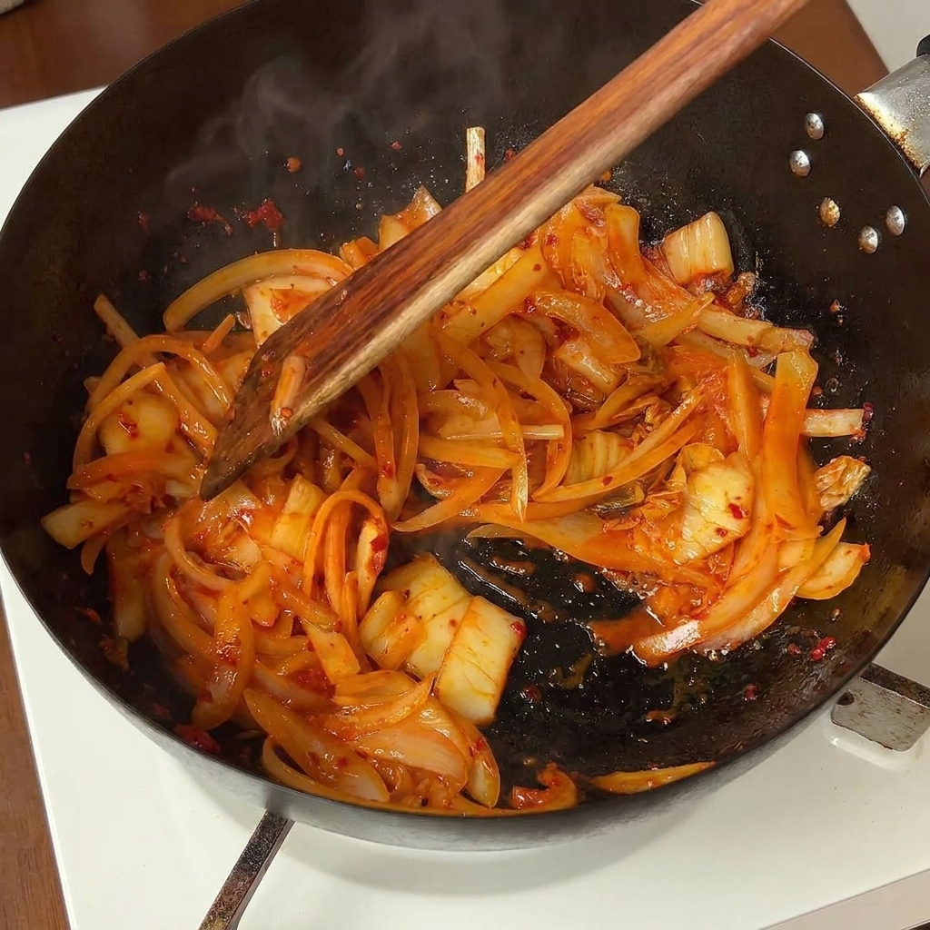 Ein Holzlöffel rührt Zwiebeln und rotes Kimchi in der heißen Pfanne um.