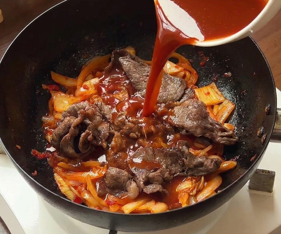 Rote Chilisauce wird über das Fleisch und Gemüse in die Pfanne gegossen.