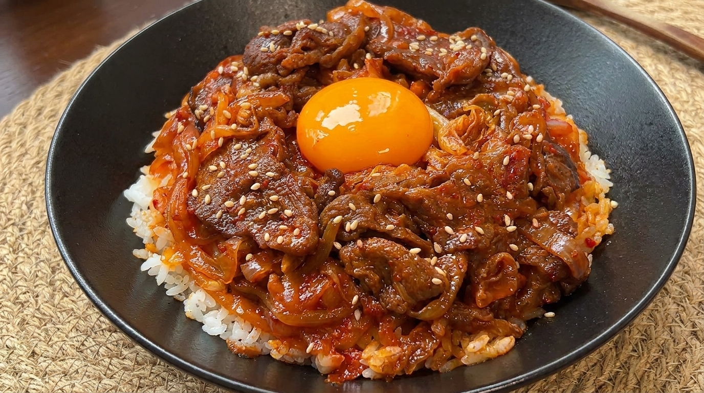 Kimchi-Rindfleisch-Bowl mit Eigelb