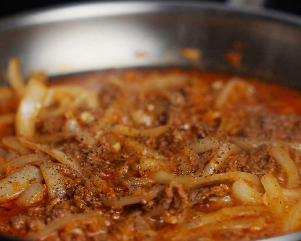 Weiße Sesamsamen werden über eine köchelnde Pfanne mit Rindfleisch, Zwiebeln und Kimchi gestreut.