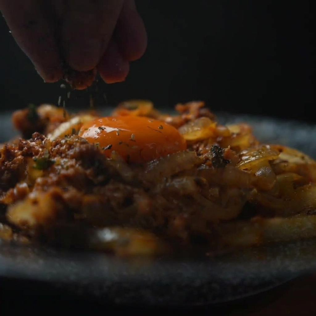 Eine Nahaufnahme zeigt eine Hand, die dunkle Algenstreifen über ein glänzendes rohes Eigelb streut, das in der Mitte des Fleisch-Kimchi-Gerichts liegt.