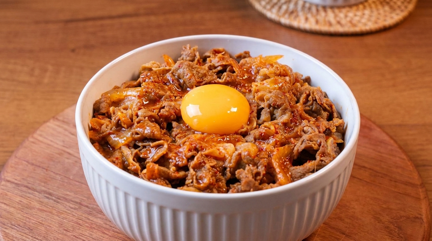 Einfache Kimchi-Gyudon: Japanische Reisschale mit Rindfleisch