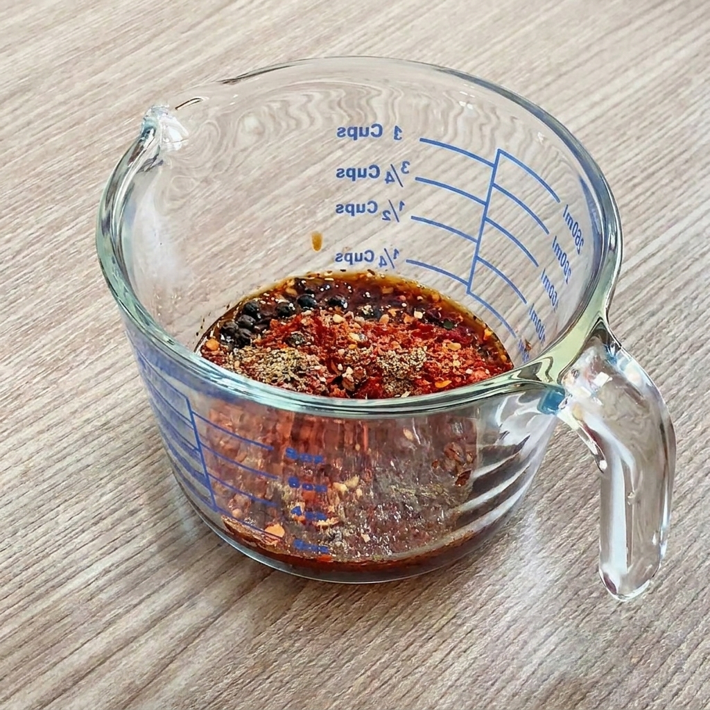 Ein Messbecher aus Glas mit Chiliflocken, Pfeffer, Sojasauce und einem Klecks Gochujang.