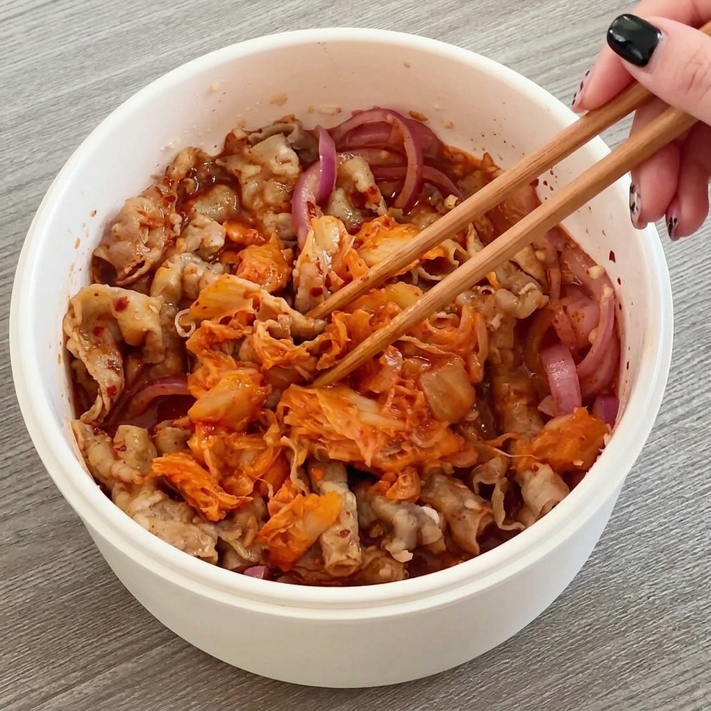 Essstäbchen rühren Fleisch, Zwiebeln und Kimchi in einer glänzenden roten Sauce um.