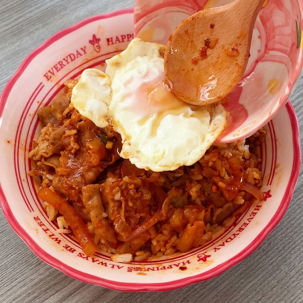 Ein Holzlöffel platziert vorsichtig ein Spiegelei auf der Kimchi-Reis-Bowl.