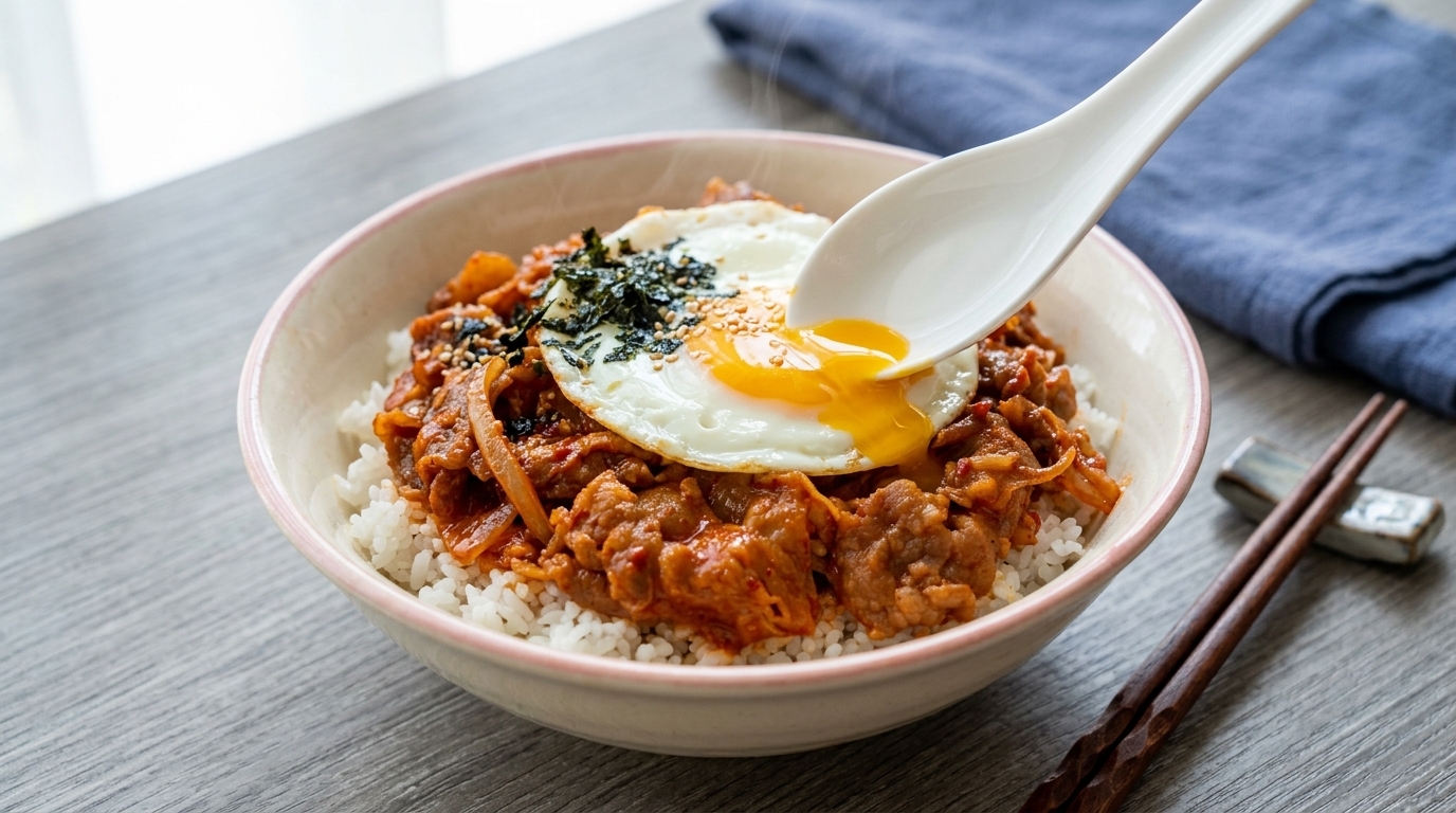 Zehn-Minuten-Kimchi-Rindfleisch auf Reis
