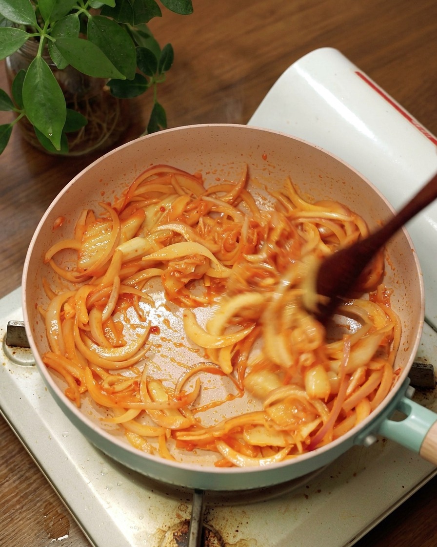 Ein Holzspatel rührt Zwiebeln und rotes Kimchi in einer Pfanne um.