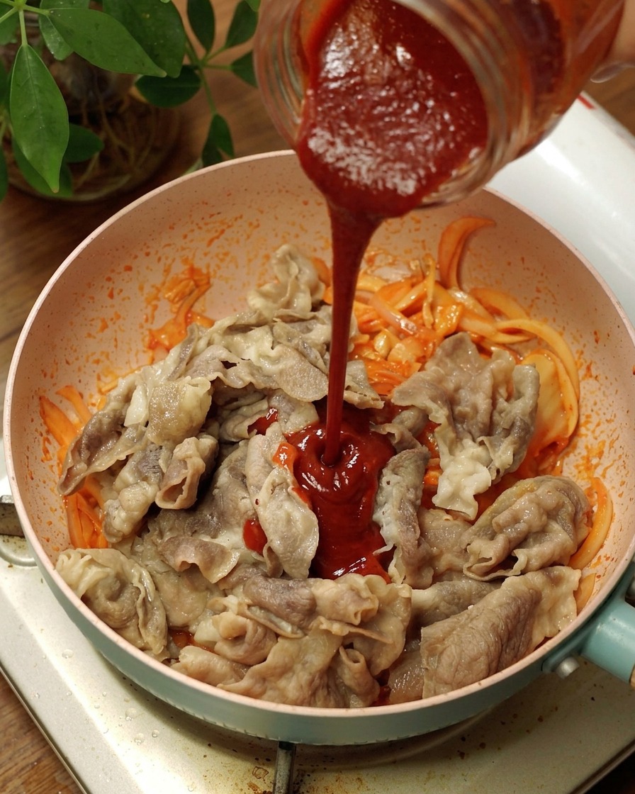 Dicke rote koreanische Chilipaste wird über das Fleisch und Gemüse in der Pfanne gegeben.