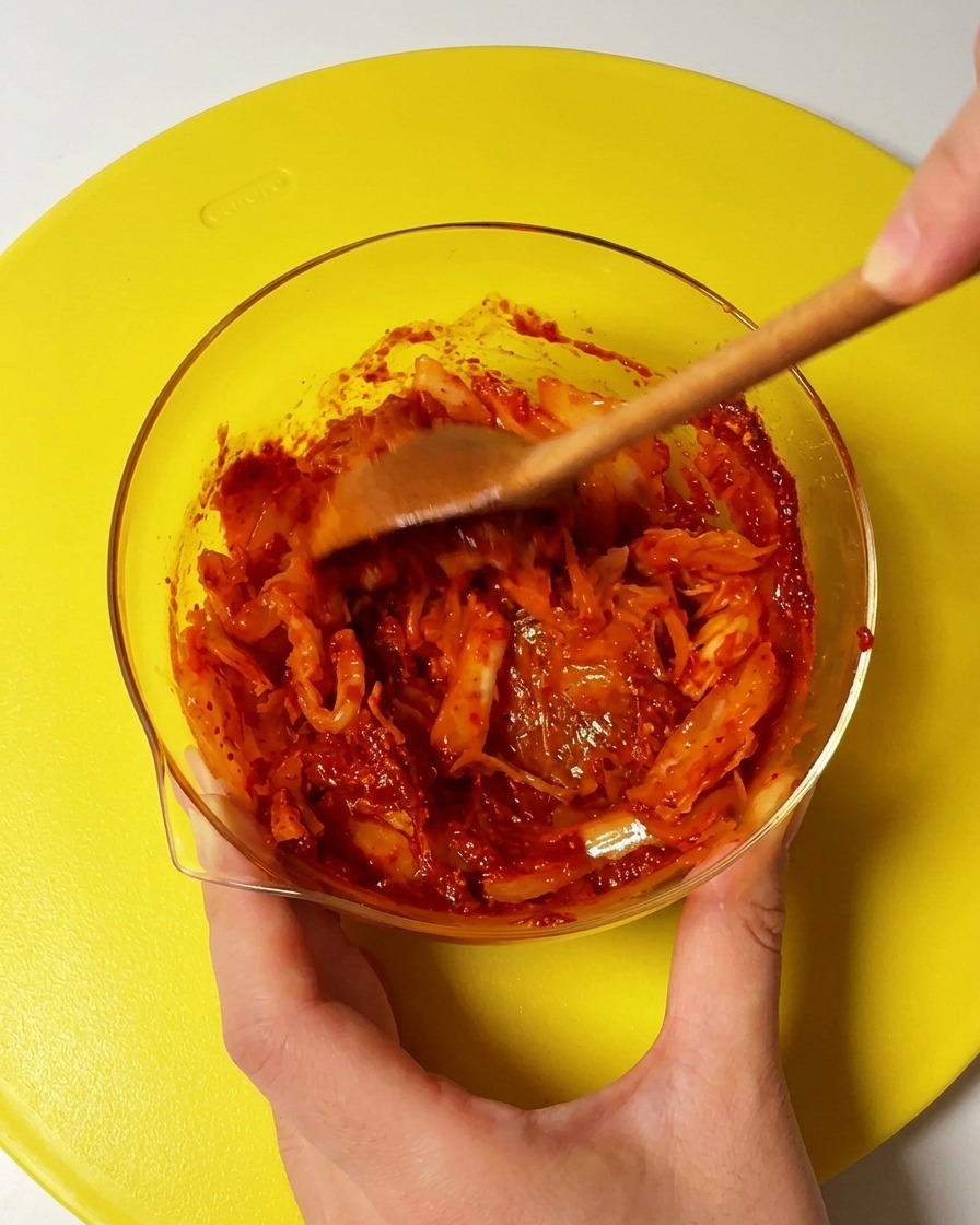 Ein Holzlöffel rührt eine Mischung aus gehacktem Kimchi und roter Chilipaste in einer Glasschüssel um.