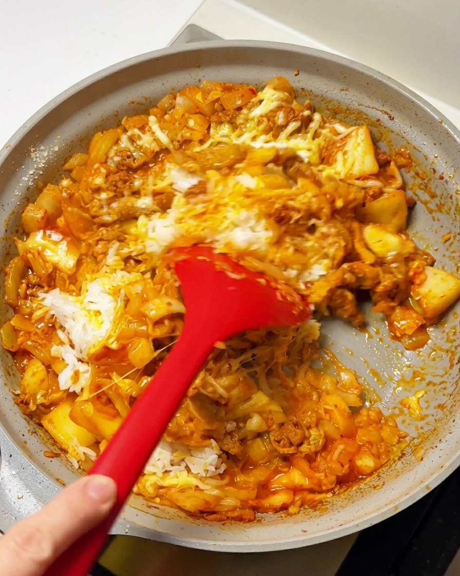 Ein roter Spatel vermengt den Reis mit der würzigen Fleisch-Käse-Mischung in der Pfanne.