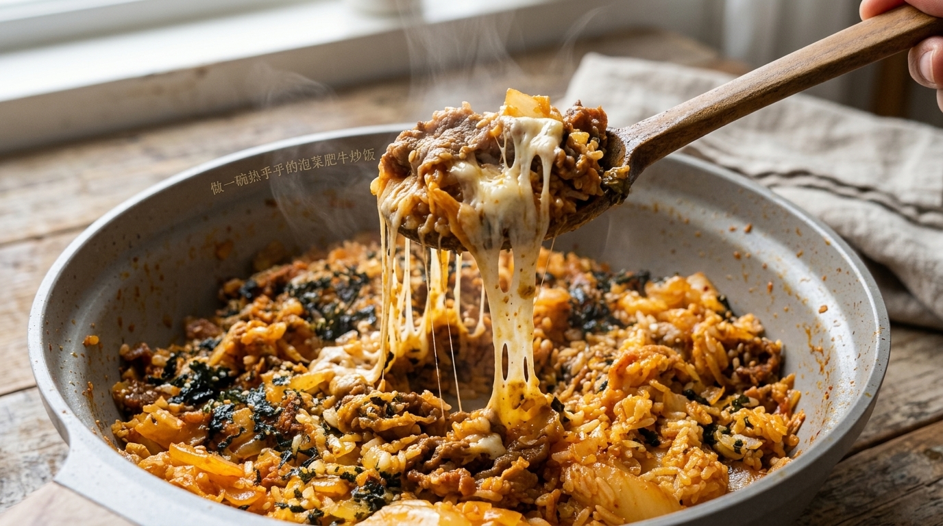 Gebratener Kimchi-Reis mit Rindfleisch und geschmolzenem Käse