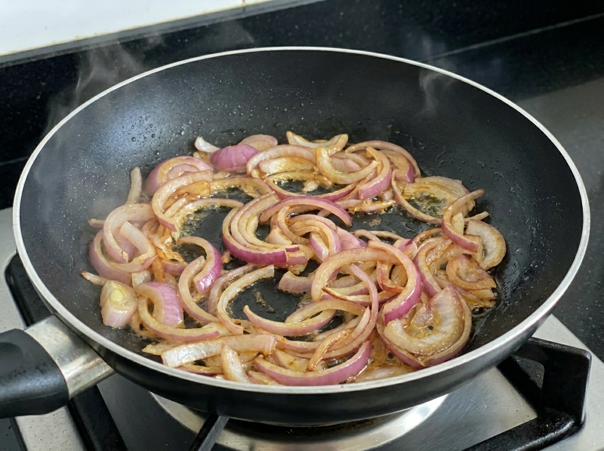 Dünne rote Zwiebelstreifen brutzeln in einer schwarzen Pfanne und werden an den Rändern leicht braun.
