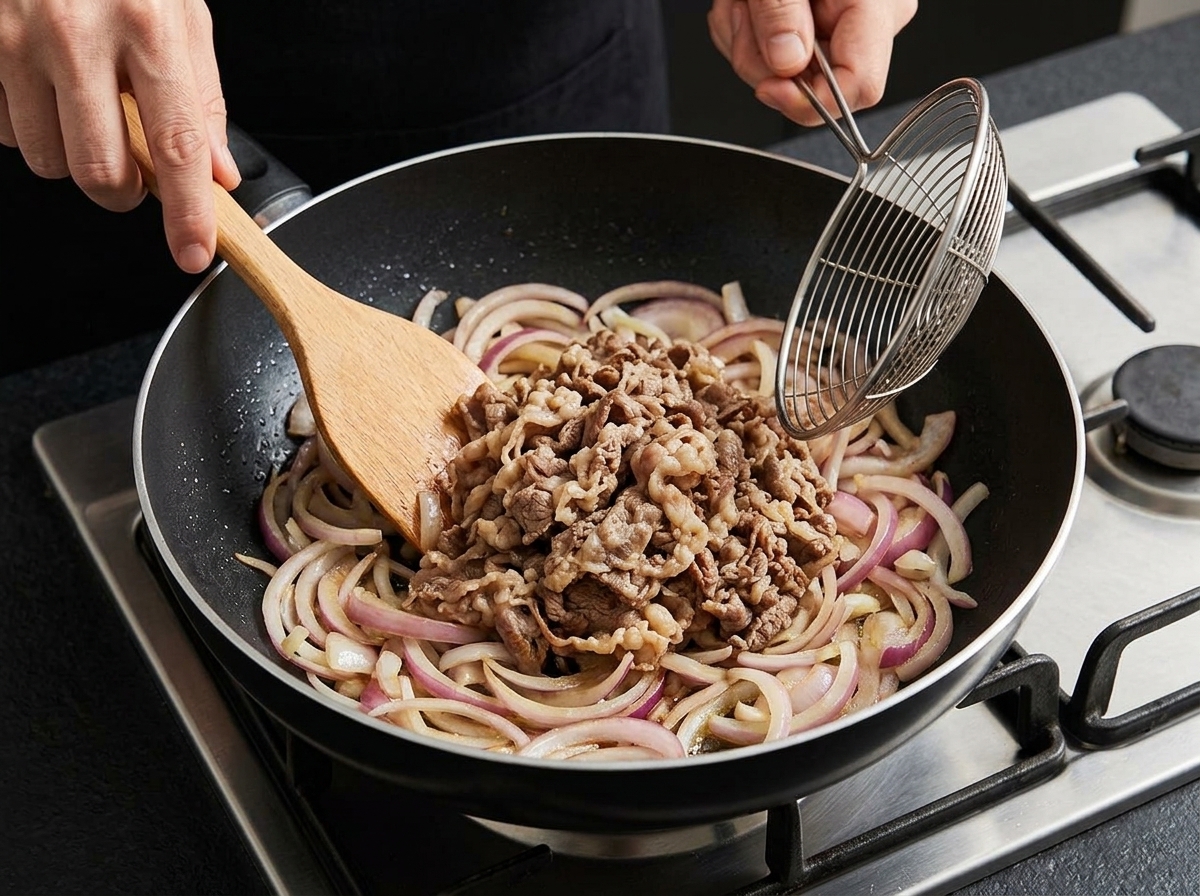 Blanchiertes, dünn geschnittenes Rindfleisch wird mit einem Schaumlöffel zu den Zwiebeln in die Pfanne gegeben.