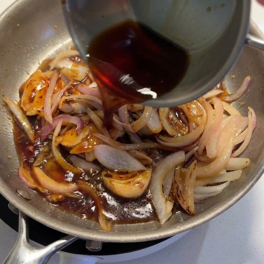 Eine dunkle Sauce wird aus einem Metallkrug in eine Pfanne mit Hähnchen und Zwiebeln gegossen.