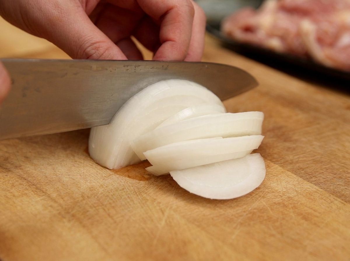 Eine Person schneidet eine weiße Zwiebel in gleichmäßige Streifen auf einem Holzschneidebrett.