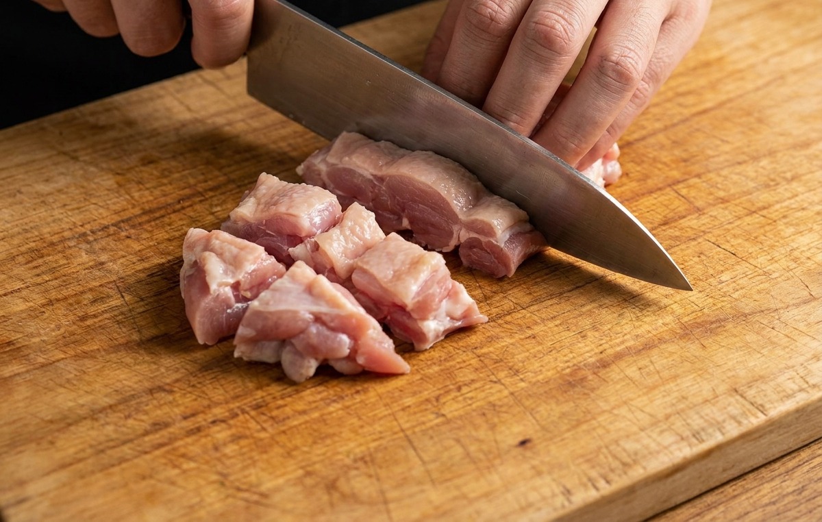 Rohes Hähnchenoberschenkelfleisch wird mit einem Kochmesser auf einem Holzbrett in kleine Würfel geschnitten.