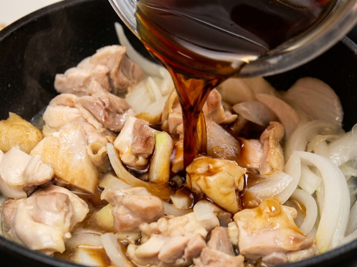 Eine dunkle Sauce auf Sojabasis wird aus einer Schüssel in die Pfanne mit Hähnchen und Zwiebeln gegossen.