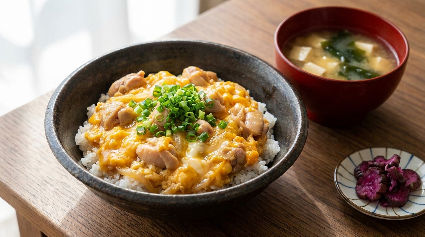 Klassisches Oyakodon (Japanische Bowl mit Hähnchen und Ei)