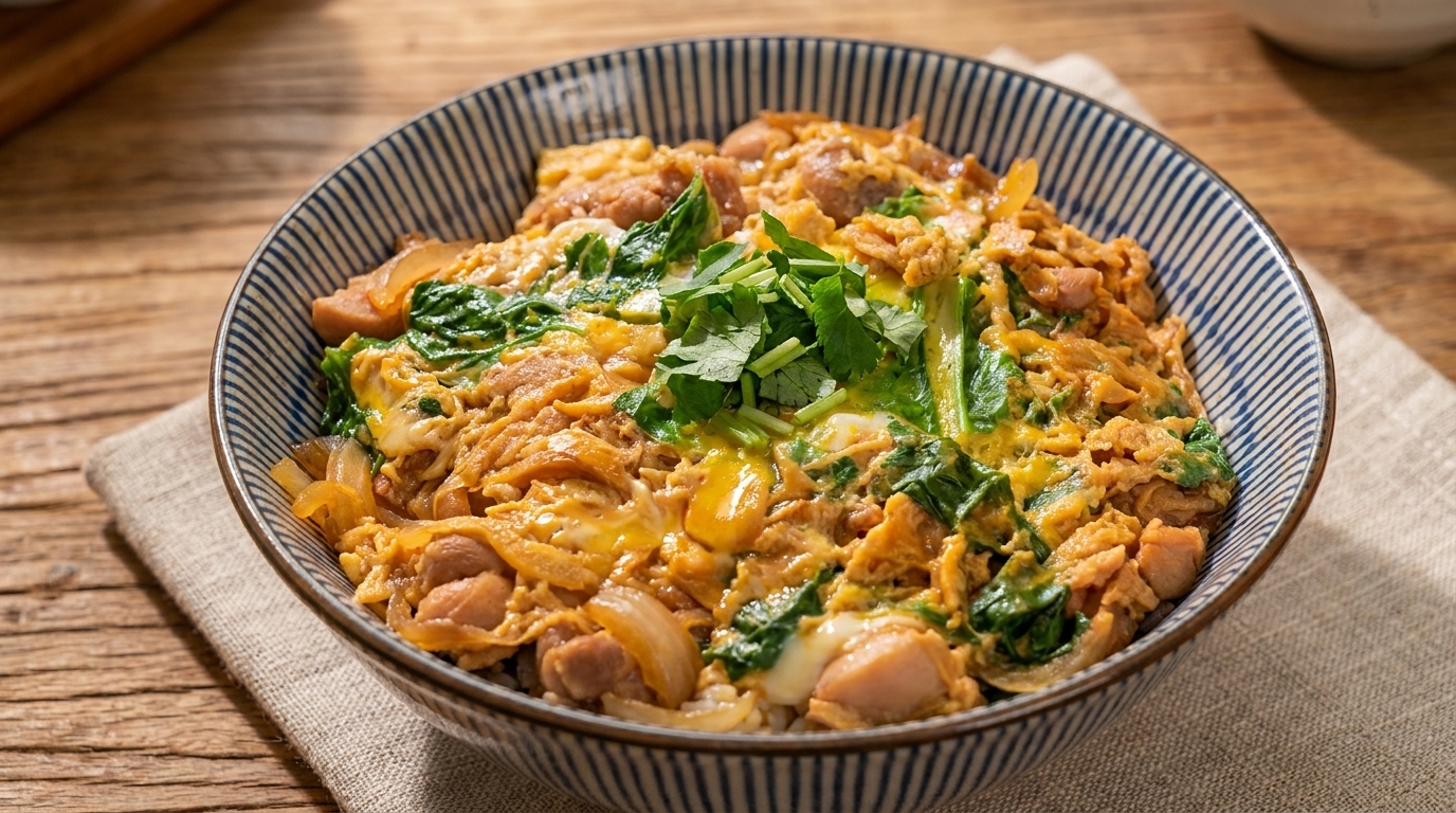 Traditionelles Oyakodon: Japanische Hähnchen-Ei-Reisbowl