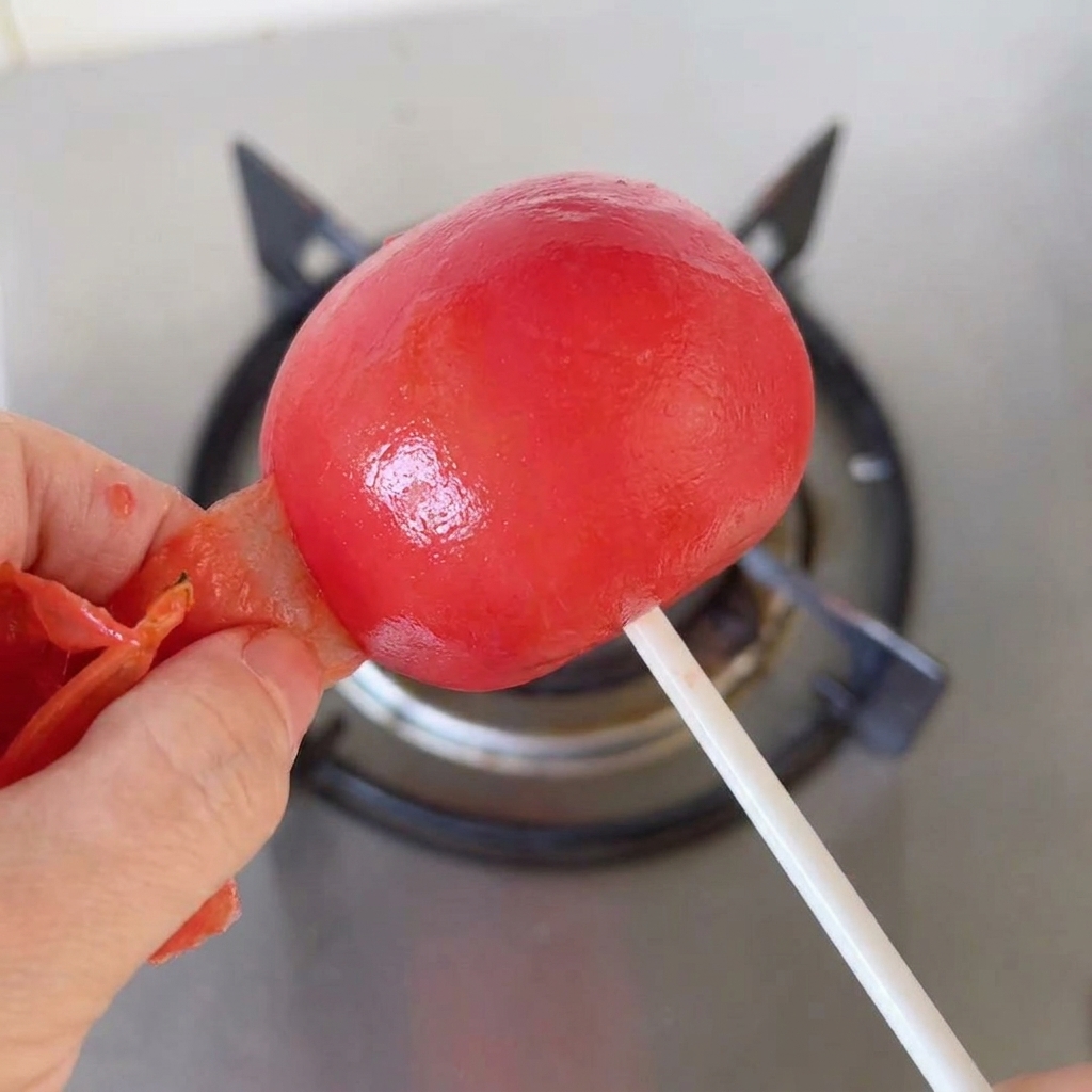 Hände schälen die dünne, verbrannte Haut von einer weichen, gerösteten roten Tomate.
