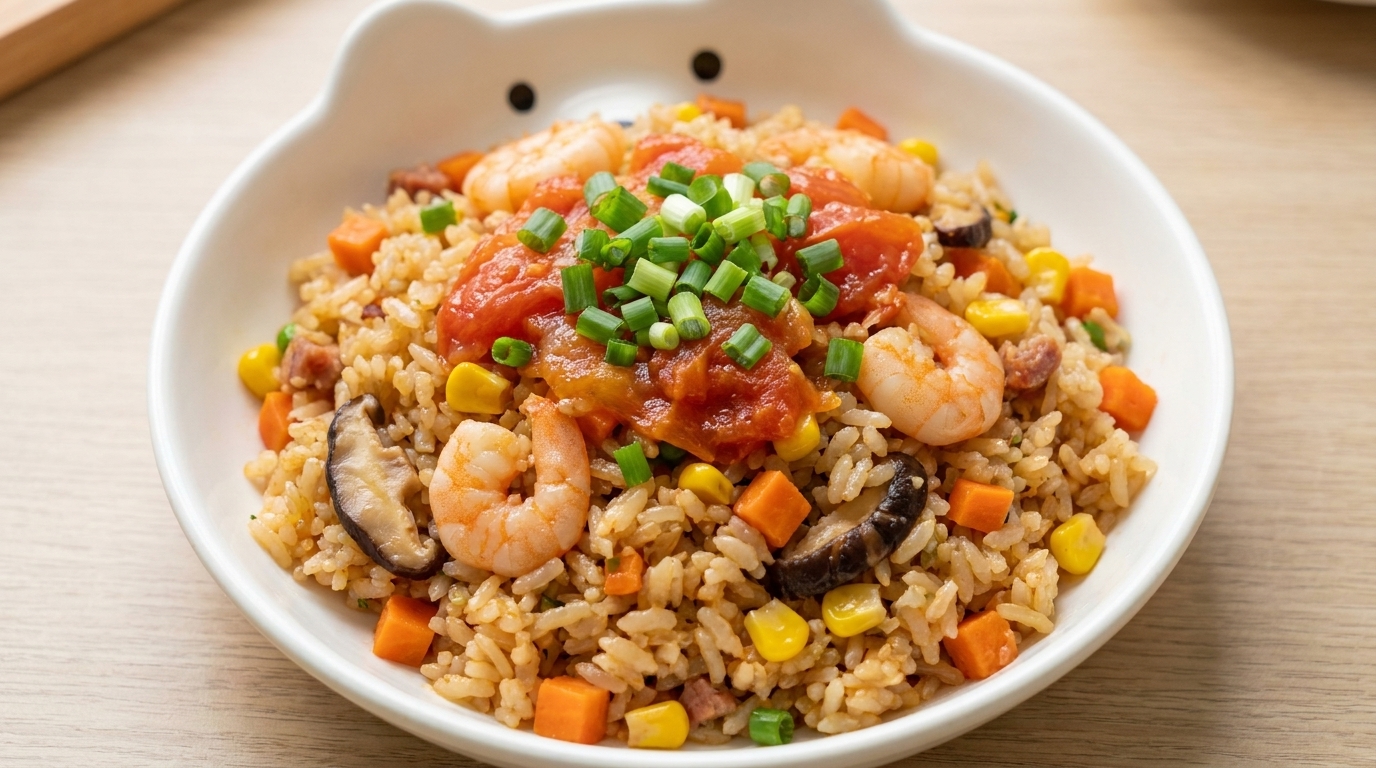 One-Pot-Reiskocher-Gericht mit Tomate und Garnelen