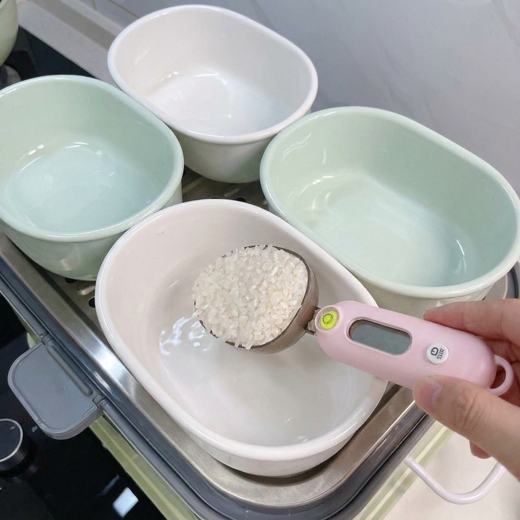Ein digitaler Messlöffel füllt weißen Reis in eine kleine ovale Keramikschale in einem Dampfgar-Einsatz.