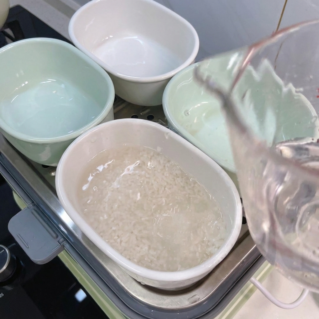 Wasser wird aus einem Messbecher in eine Schüssel mit weißem Reis gegossen.
