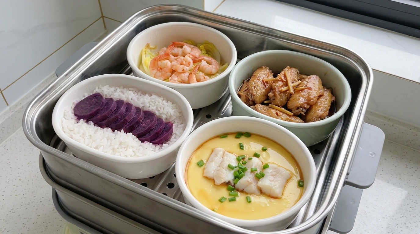 Dampfgegartes One-Pot-Mittagsmenü mit Teriyaki-Wings und Kabeljau-Eierstich