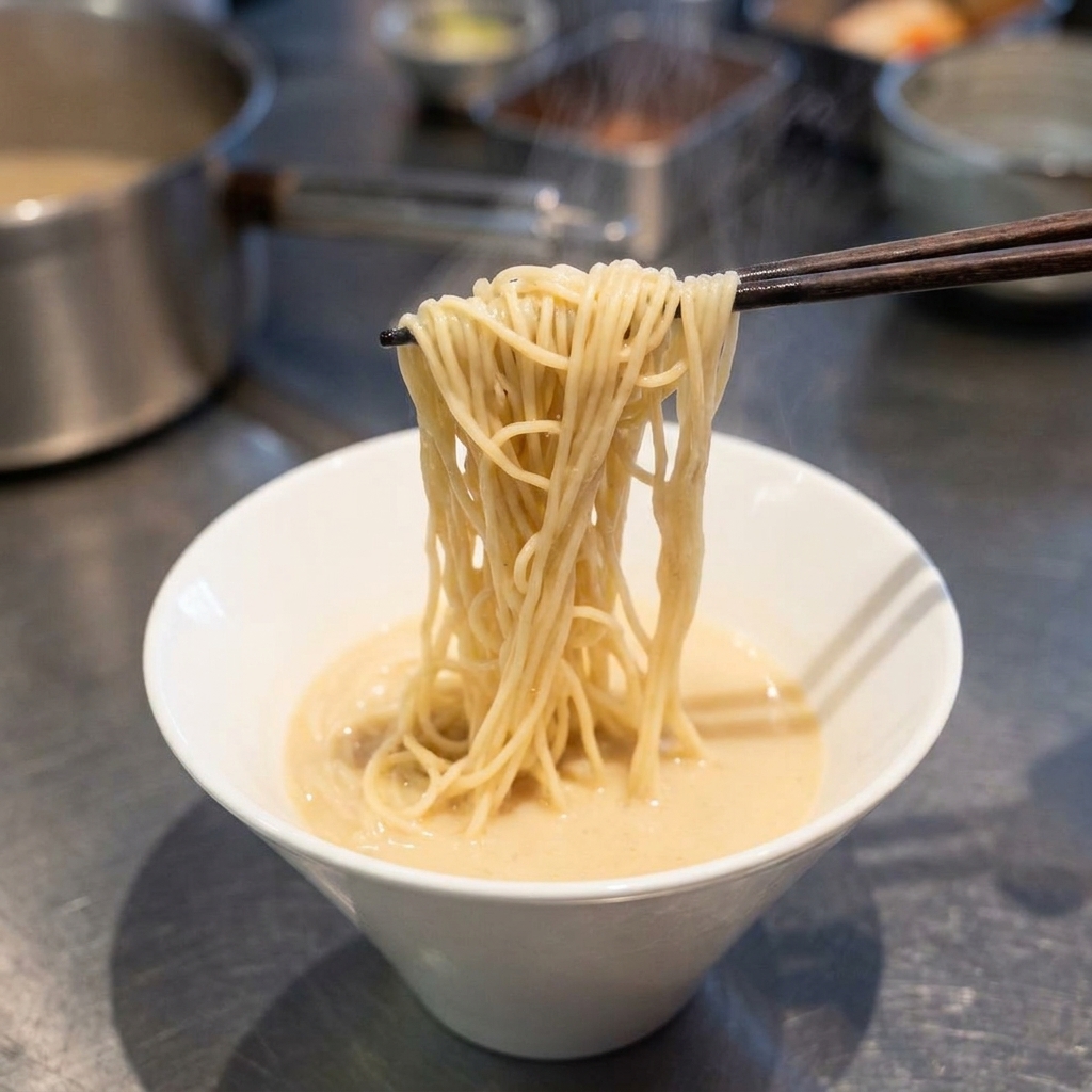Ein Bündel heller Ramen-Nudeln wird mit Stäbchen in einer weißen Schüssel mit cremiger Brühe arrangiert.