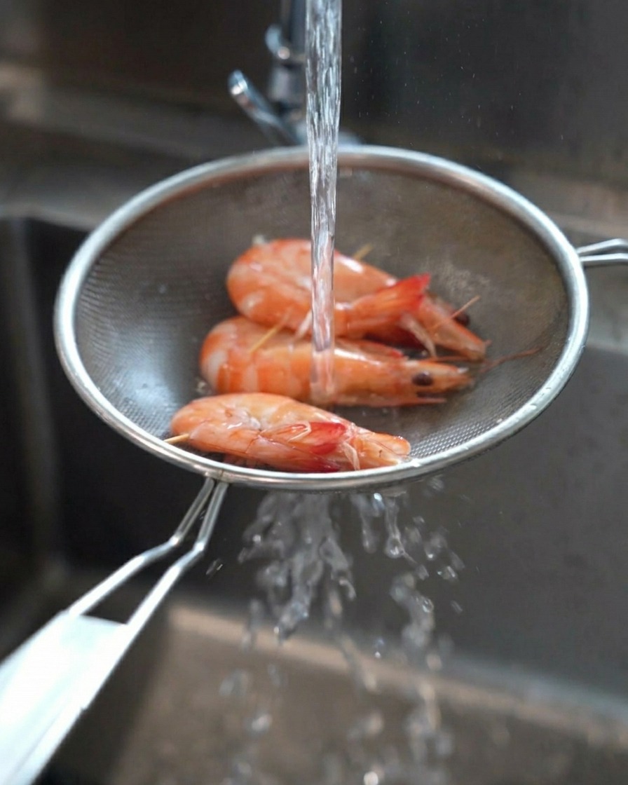 Kaltes Wasser aus dem Hahn spült drei gekochte orangefarbene Garnelen in einem Sieb über der Spüle ab.