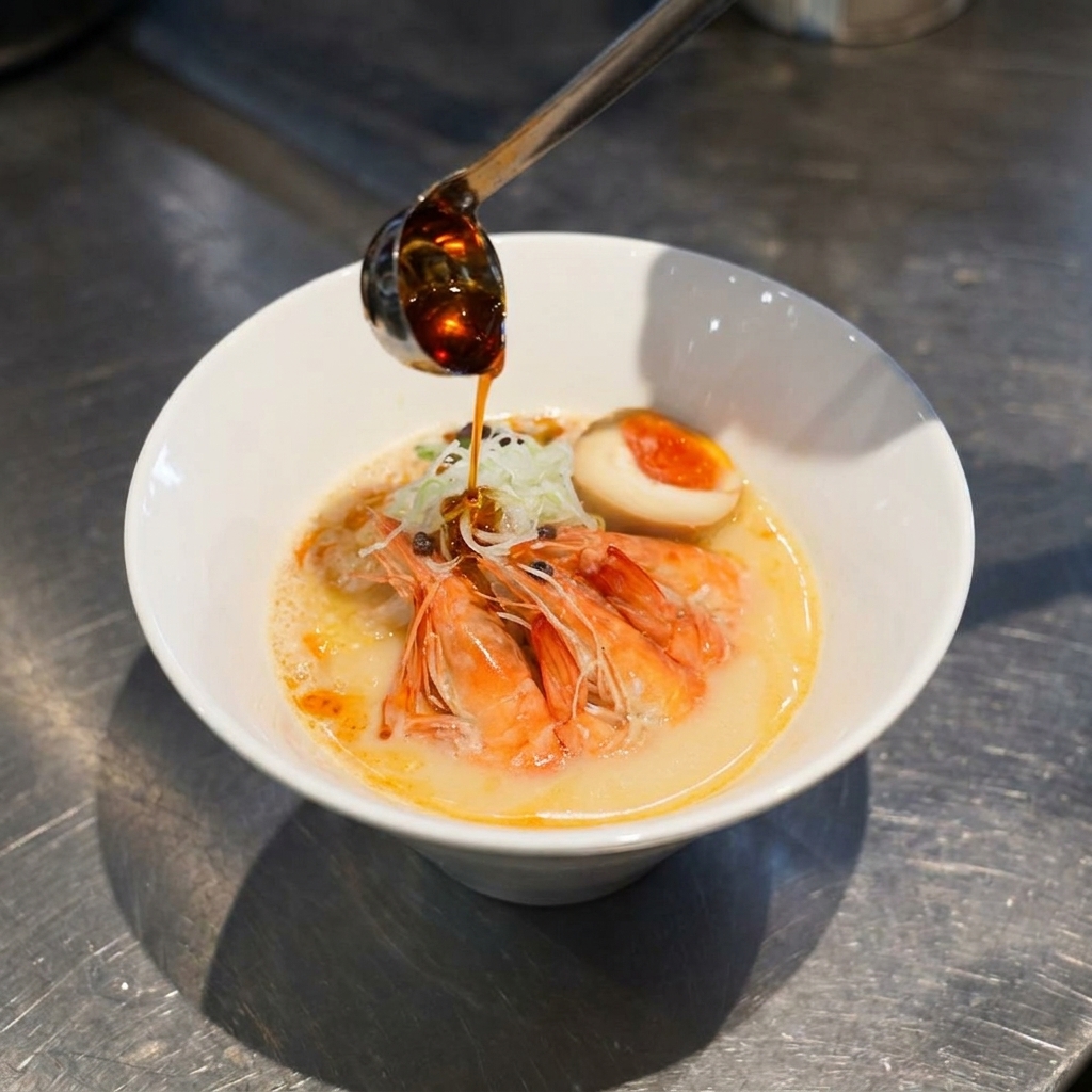 Eine kleine Kelle gießt leuchtend rotes, aromatisches Öl über die fertig angerichtete Ramen-Schüssel.