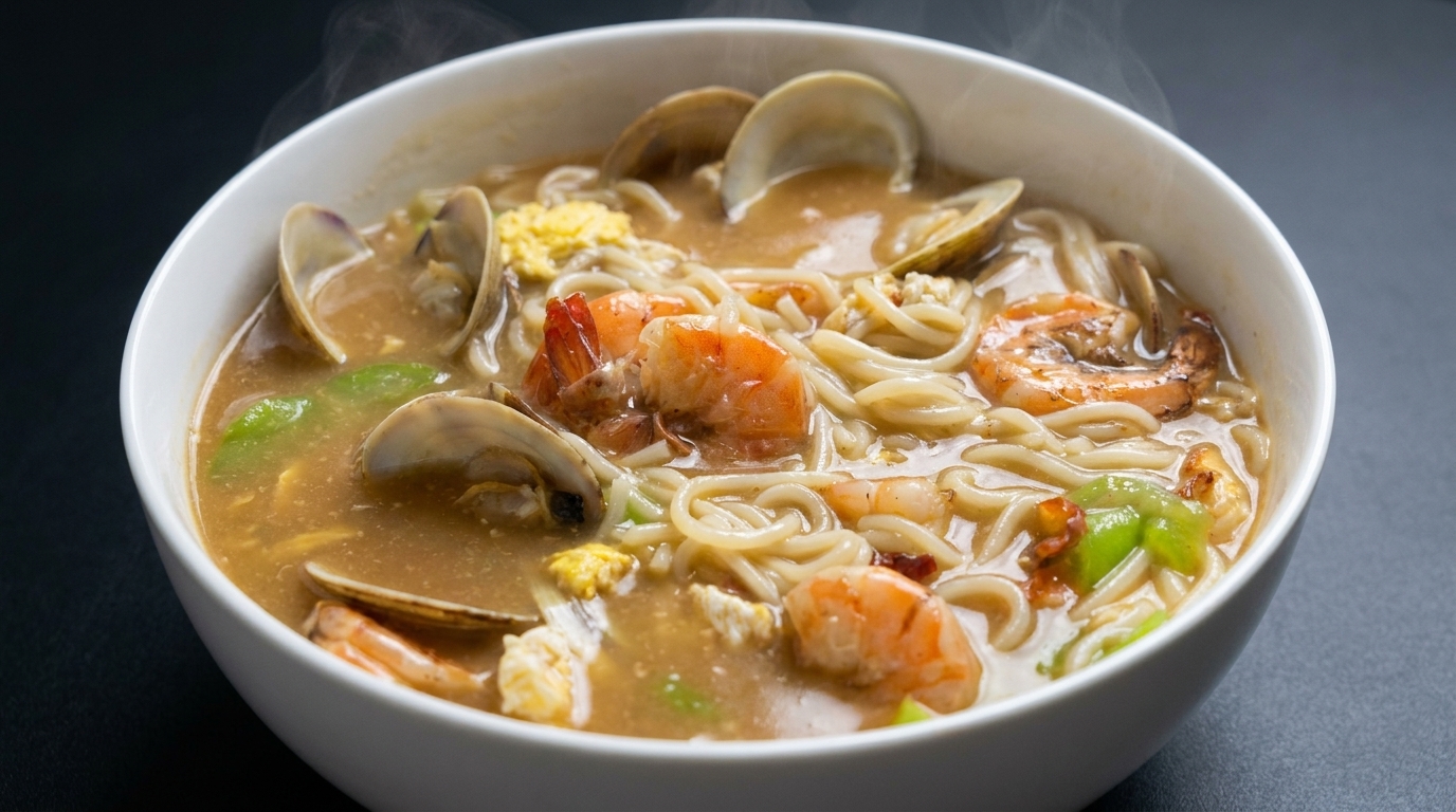 Einfache Meeresfrüchte-Ramen mit Seidenmelone und Venusmuscheln