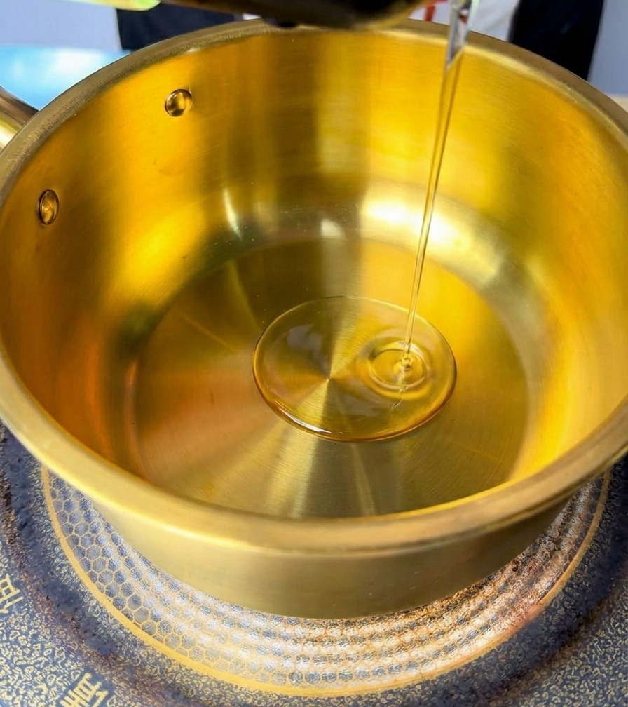 Ein Strahl klares Öl wird in einen glänzenden goldenen Messingtopf auf einem Induktionskochfeld gegossen.