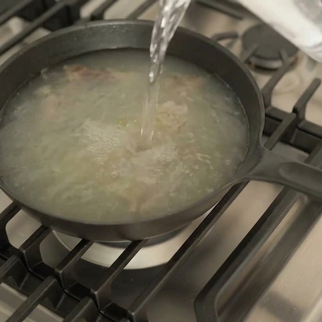 Ein Strahl klares Wasser wird in eine Pfanne gegossen, die köchelnden Bratensaft enthält.