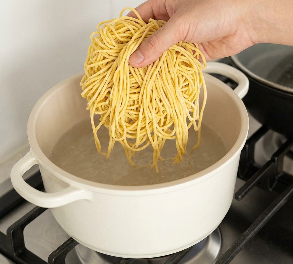 Eine Hand lässt ein frisches Nest gelber Ramen-Nudeln in einen Topf mit kochendem Wasser gleiten.