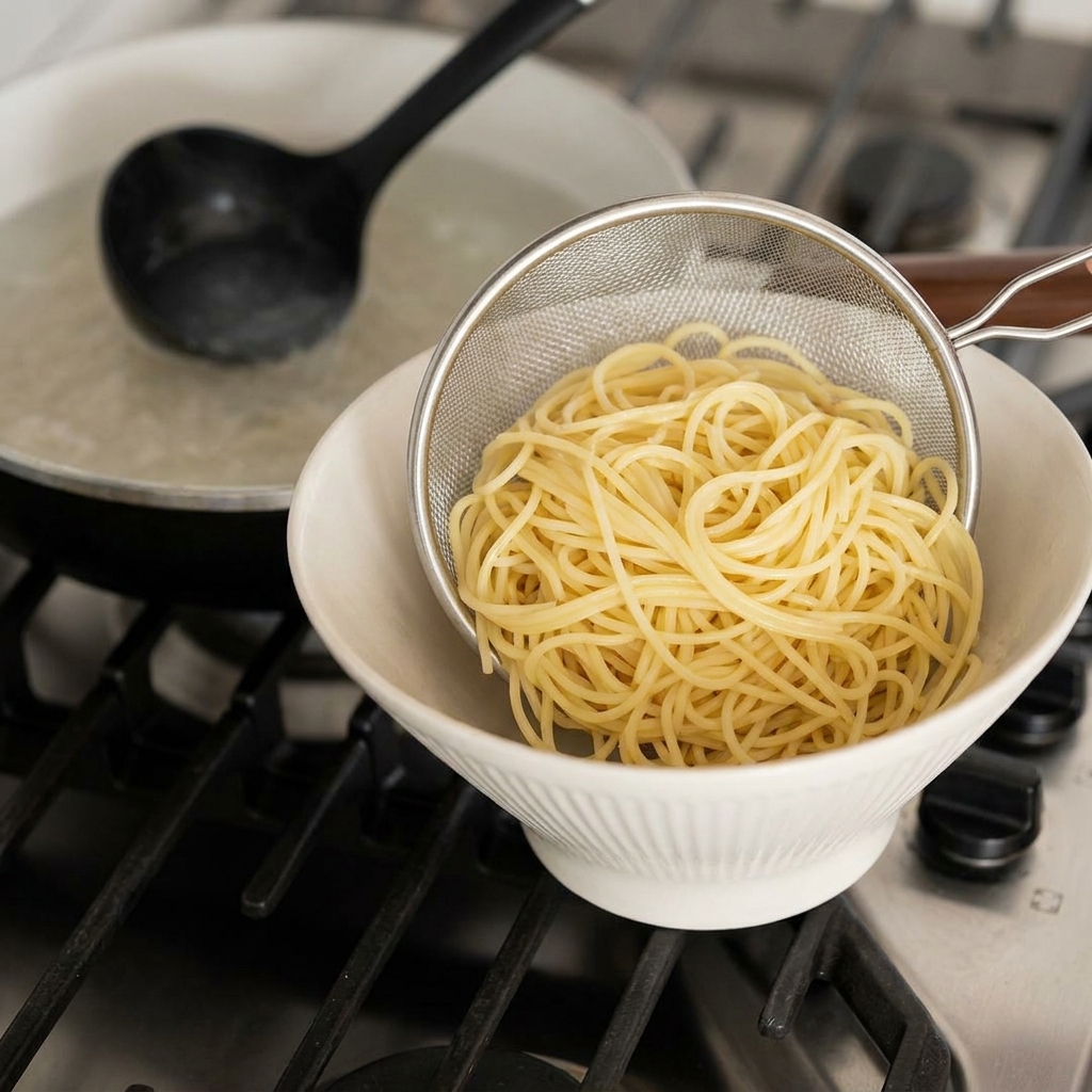 Gelbe Ramen-Nudeln werden in einem Sieb abgetropft und in eine weiße Keramikschüssel gegeben.
