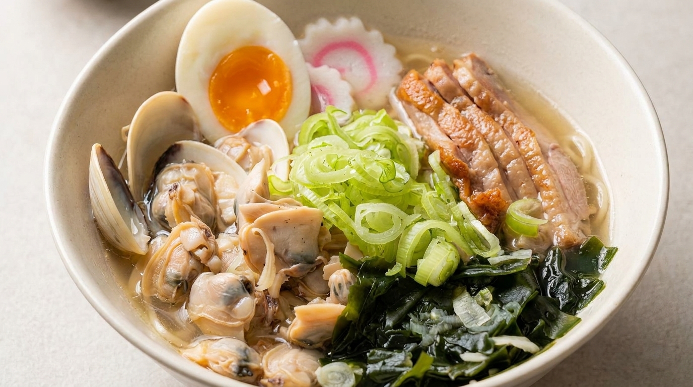 Hausgemachtes Clam Shio Ramen mit kross gebratener Ente