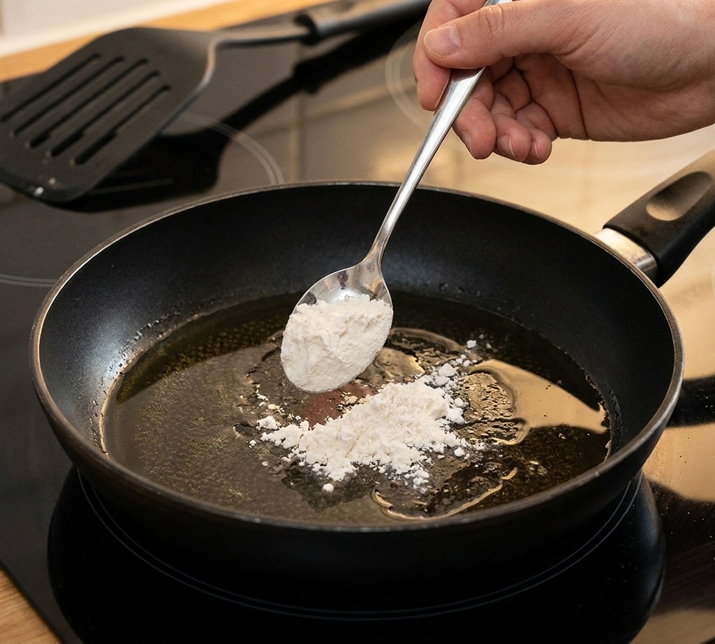 Ein Metalllöffel gibt weißes Mehl in eine kleine Pfanne mit Öl auf einem Induktionskochfeld.