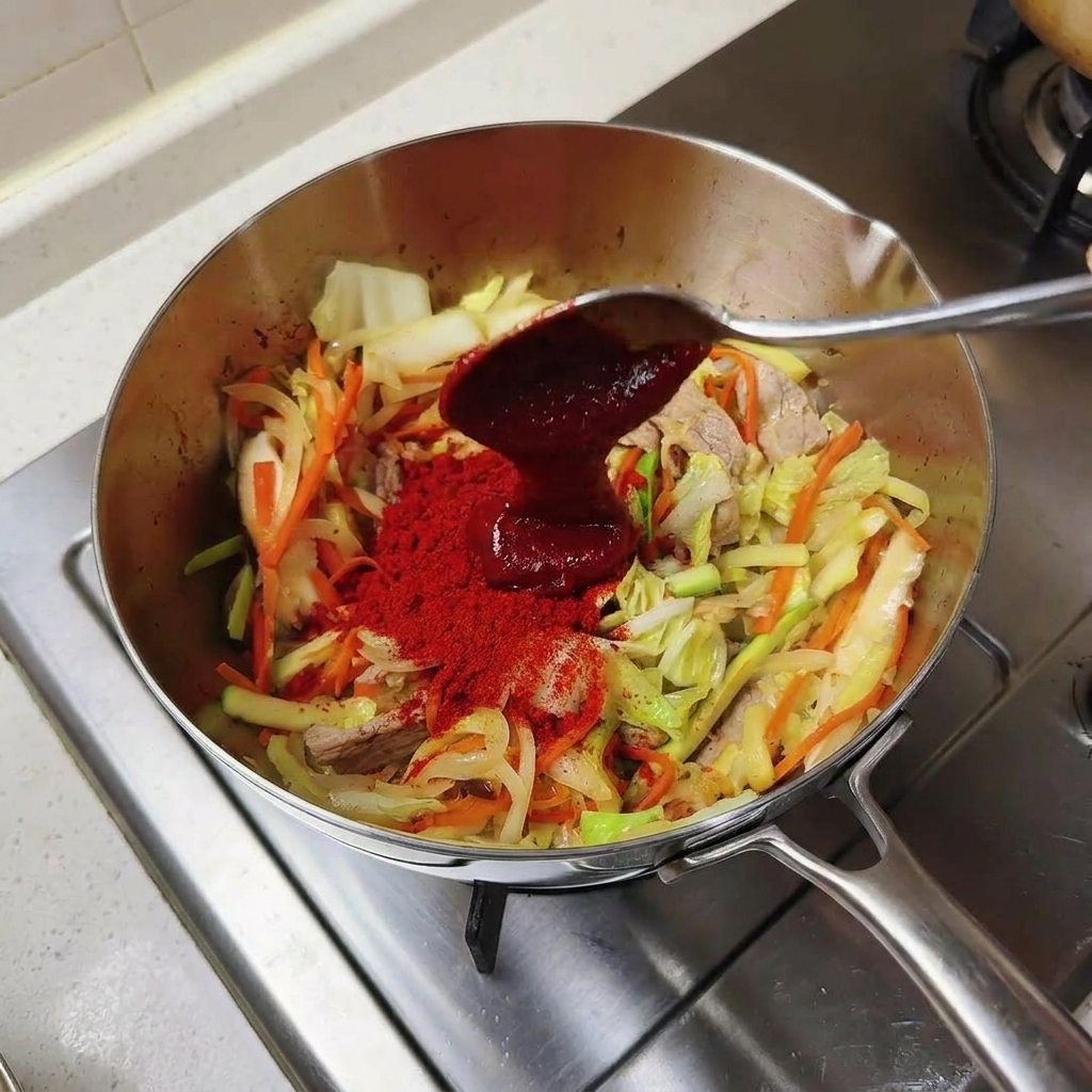 Ein Klecks dunkelrote Gochujang-Paste wird in den Topf zum Gemüse gegeben.
