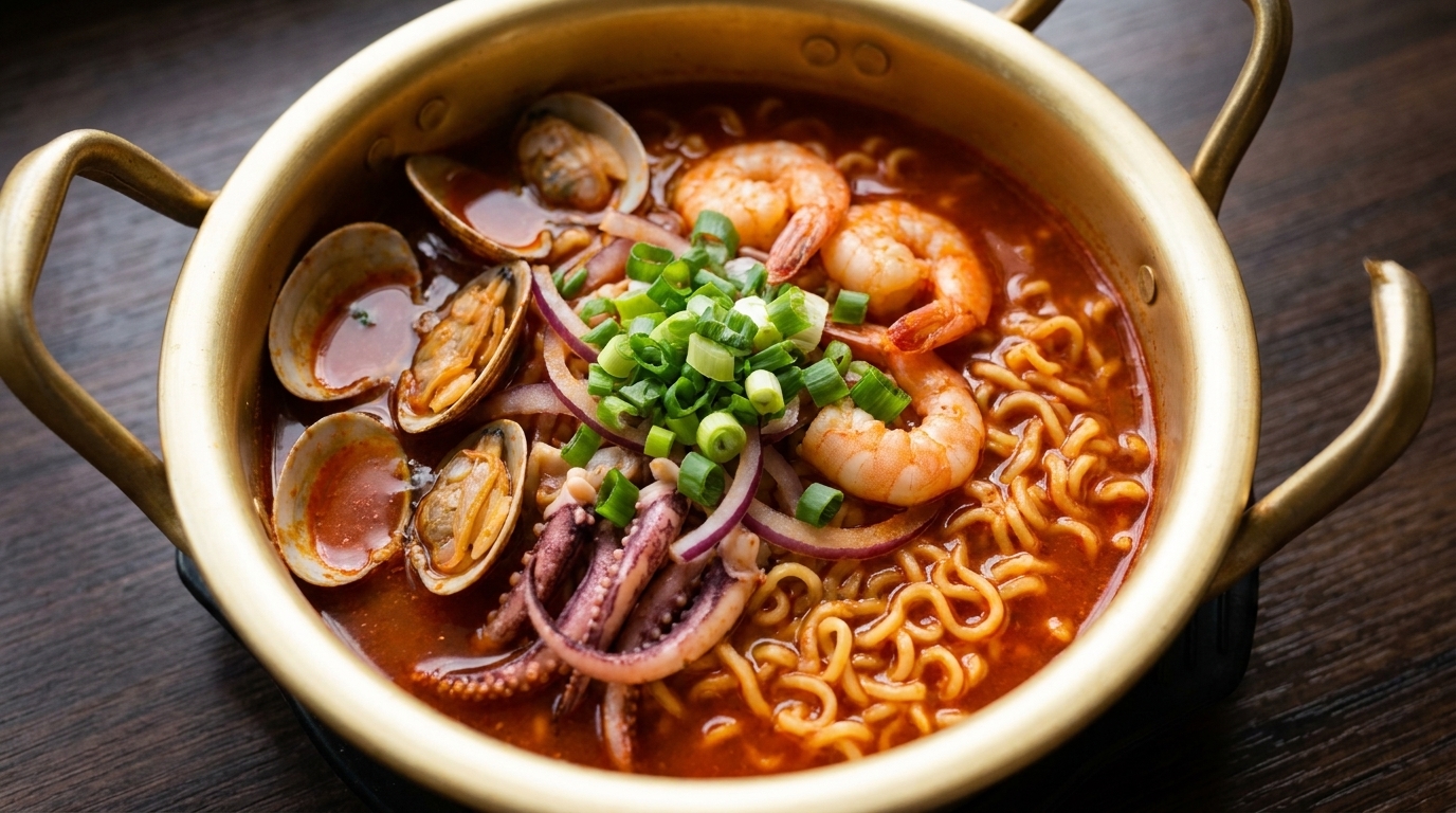 Scharfe Meeresfrüchte-Shin-Ramyun mit frischen Muscheln und Garnelen